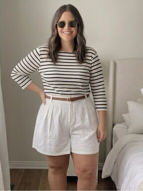 L.L. Bean Nautical Striped Boatneck Top Size 1X Cream Navy Blue 3/4 Sleeve Knit